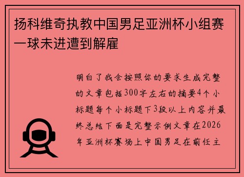 扬科维奇执教中国男足亚洲杯小组赛一球未进遭到解雇